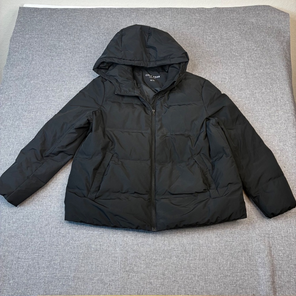 Cole Haan Puffer Jacket Womens XL Black Hooded Down Blend Quilted Parka Coat